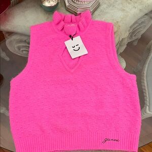 Ganni Bright Pink Ruffled Mock-Neck Knit Vest